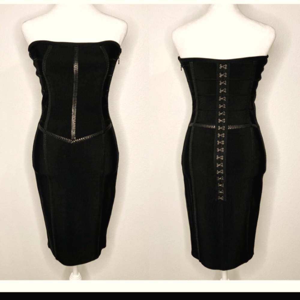 Haute Hippie Black Strapless Sequin Corset Bodycon Bandage Dress Sz S